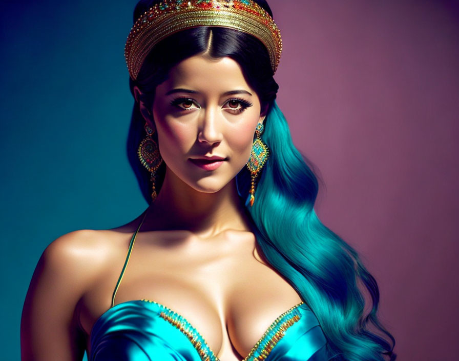 Turquoise-haired woman in crown and earrings on pink-blue gradient.