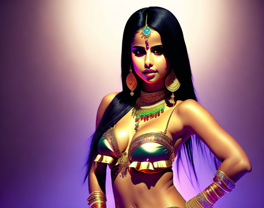 Traditional Indian jewelry and attire on woman in digital artwork