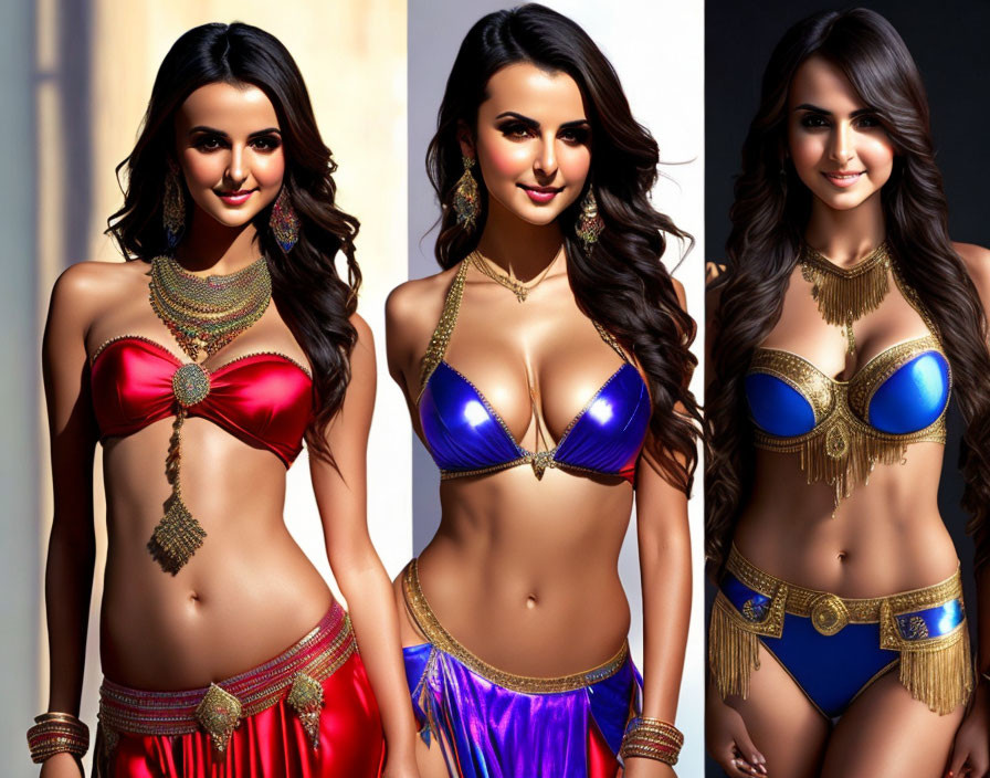 Vibrant belly dancer costume illustrations on solid backgrounds