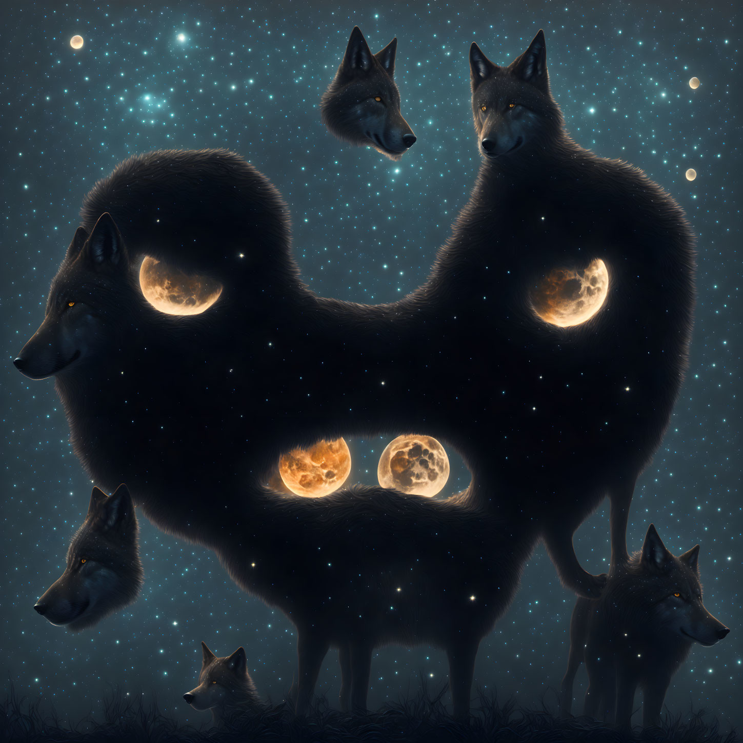 Surreal wolf silhouettes blend with starry night sky and three moons