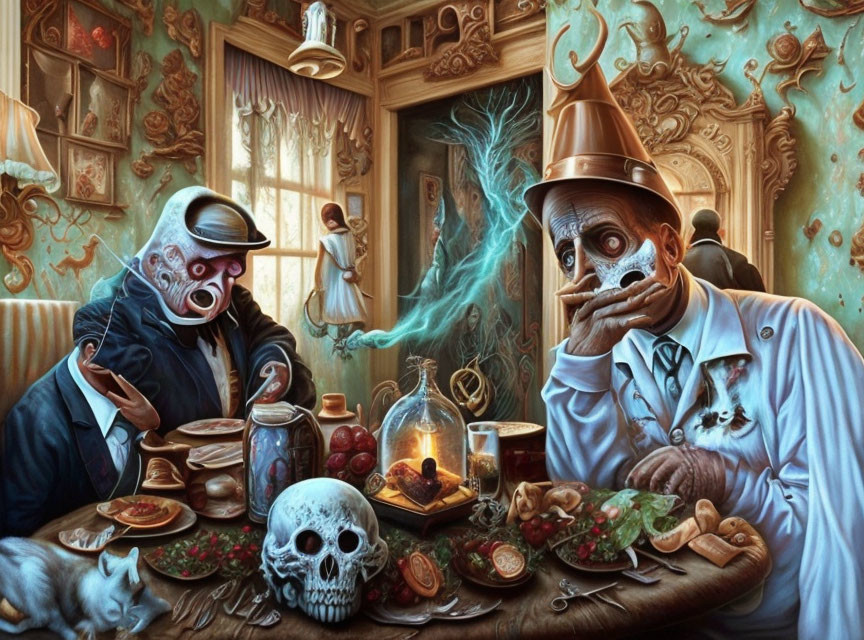 Surreal art featuring distorted faces, skull, cat, objects, and ghost-like figure.