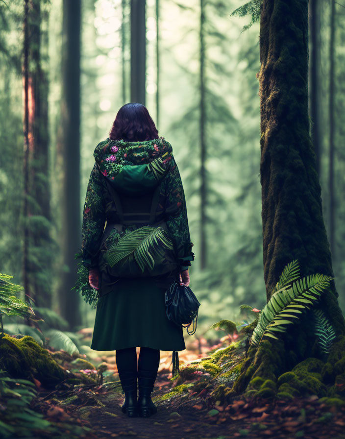 Person in Floral Backpack in Misty Forest with Tall Trees