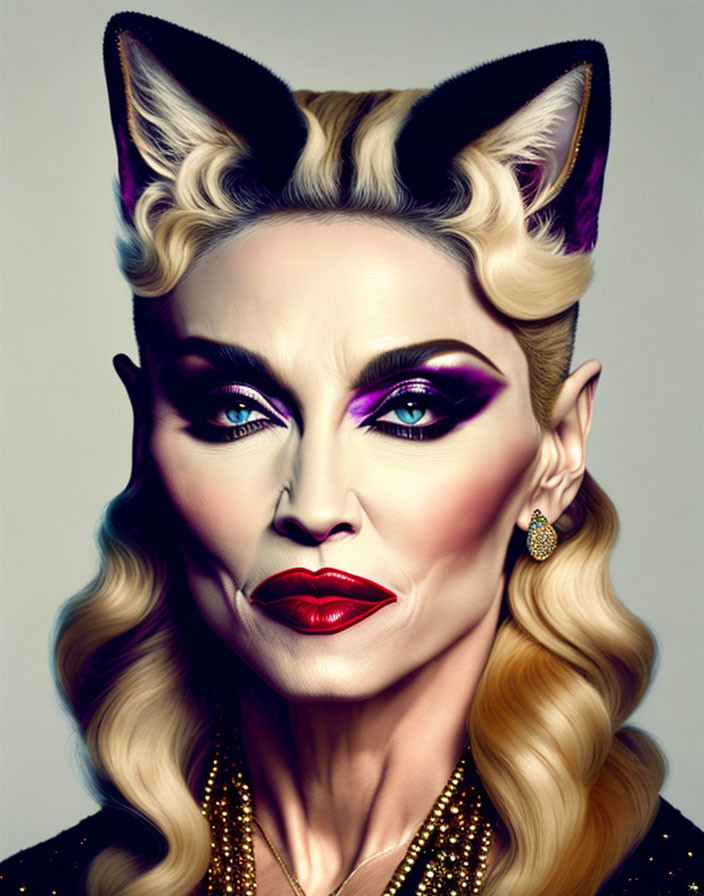 Stylized portrait of a woman with cat-like makeup and ears