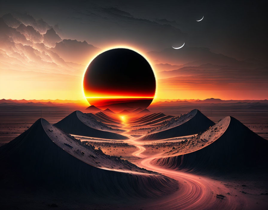 Surreal landscape featuring eclipsed sun, crescent moons, dunes, and glowing path