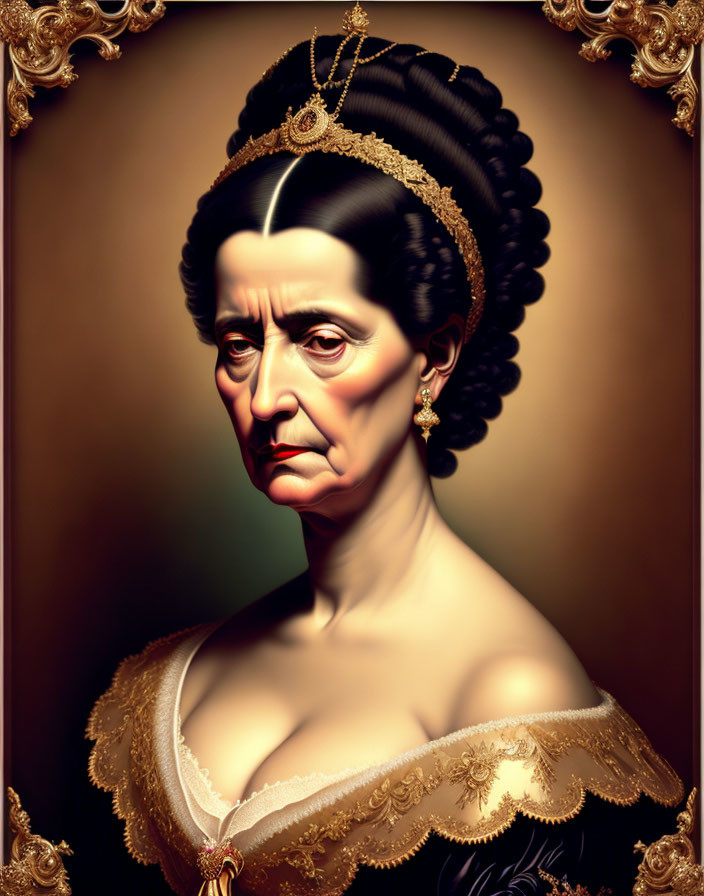 Exaggerated solemn expression on woman in regal golden gown