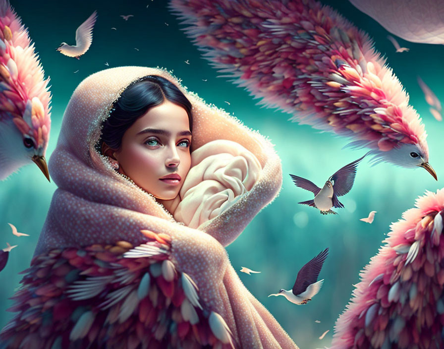 Woman wrapped in rose petal textured cloak with pink and blue feathered birds.