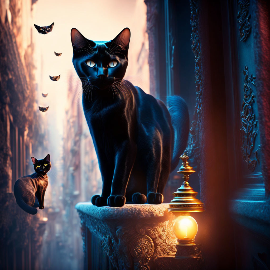 Black cat with blue eyes by glowing lantern in eerie alleyway