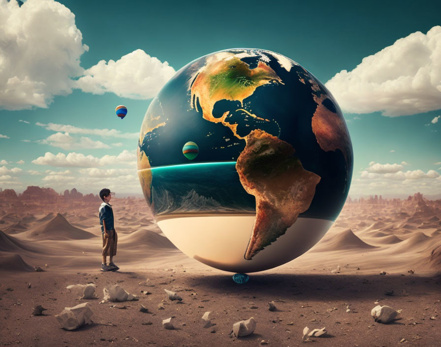 Boy in desert gazes at giant glossy Earth globe with city skyline and hot air balloon.