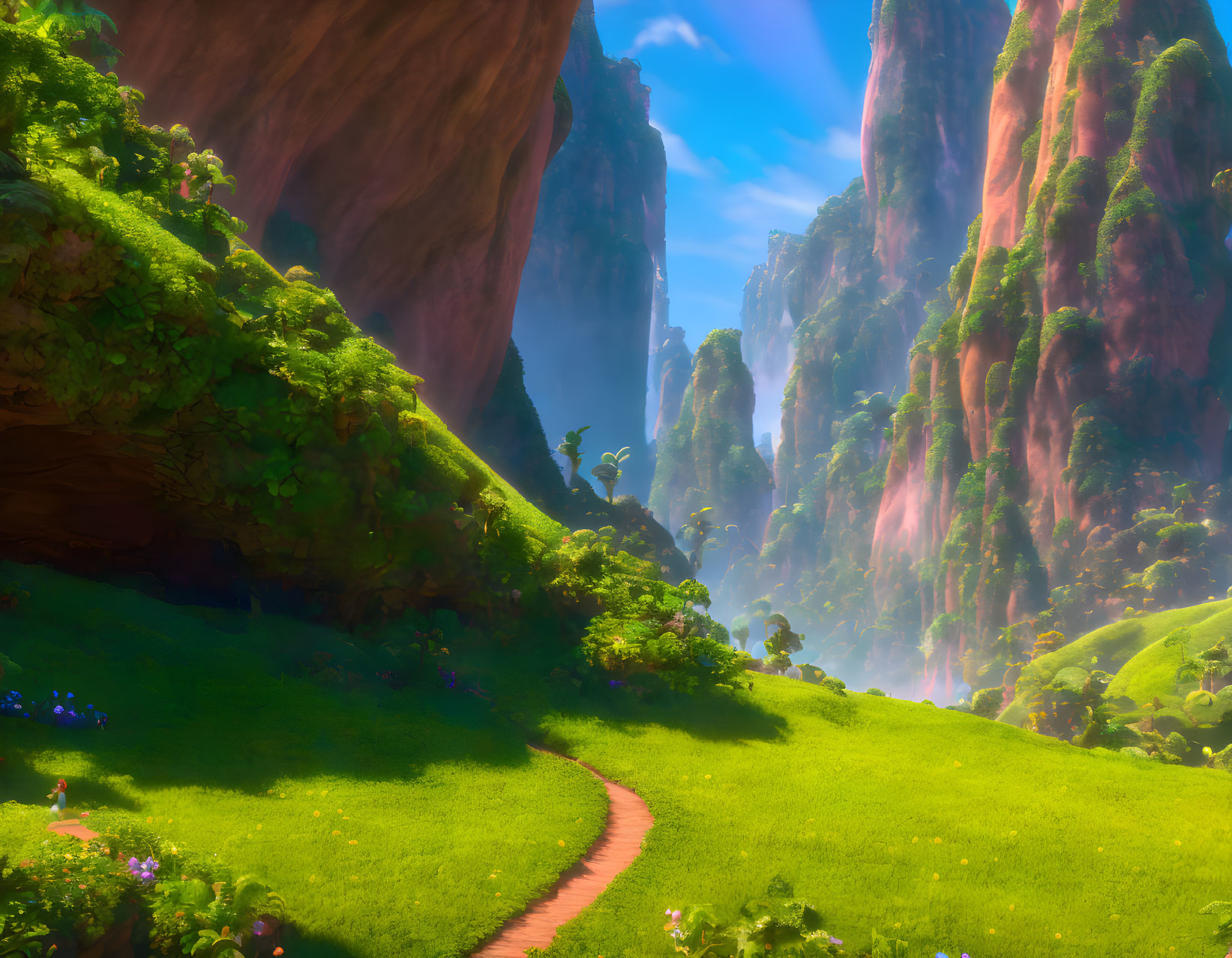 Vibrant fantasy landscape with winding path, lush greenery, towering cliffs, waterfalls, bright