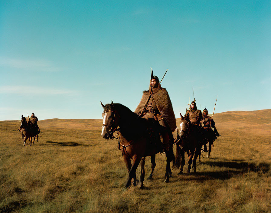 Medieval fantasy scene: Horseback riders in armor with spears