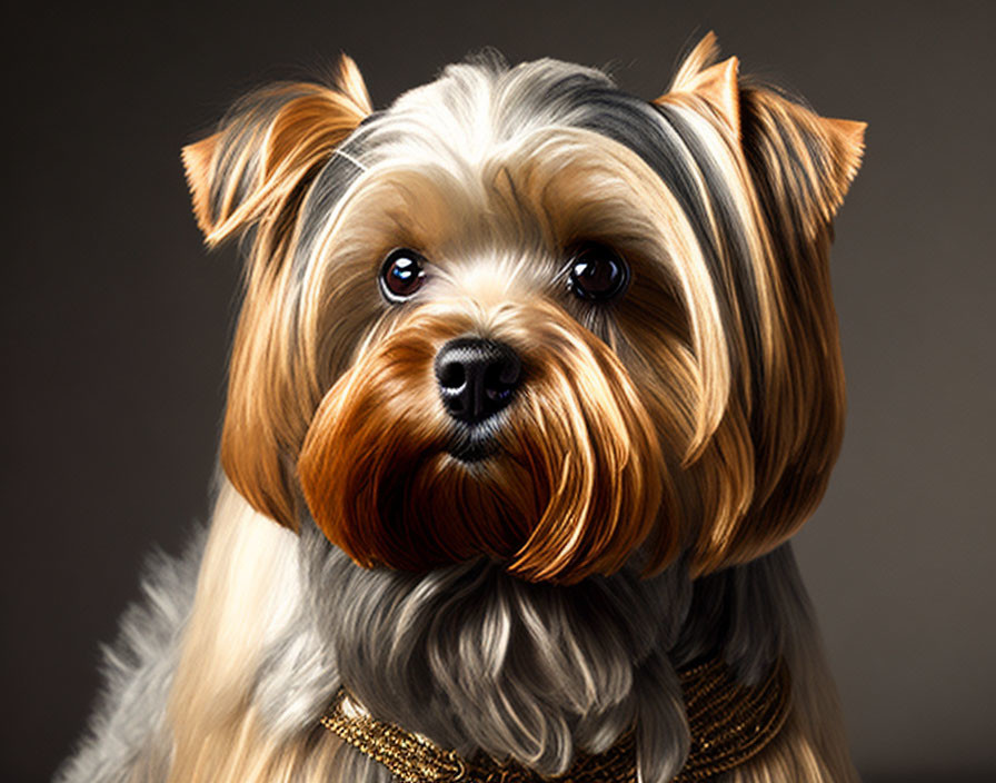 Shiny-coated Yorkshire Terrier with gold collar on dark background