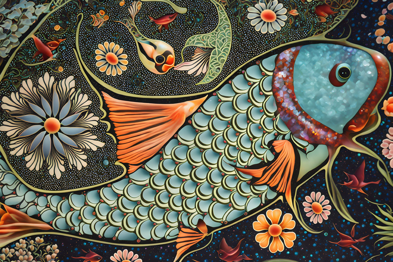 Vibrant stylized fish surrounded by floral patterns in intricate artwork