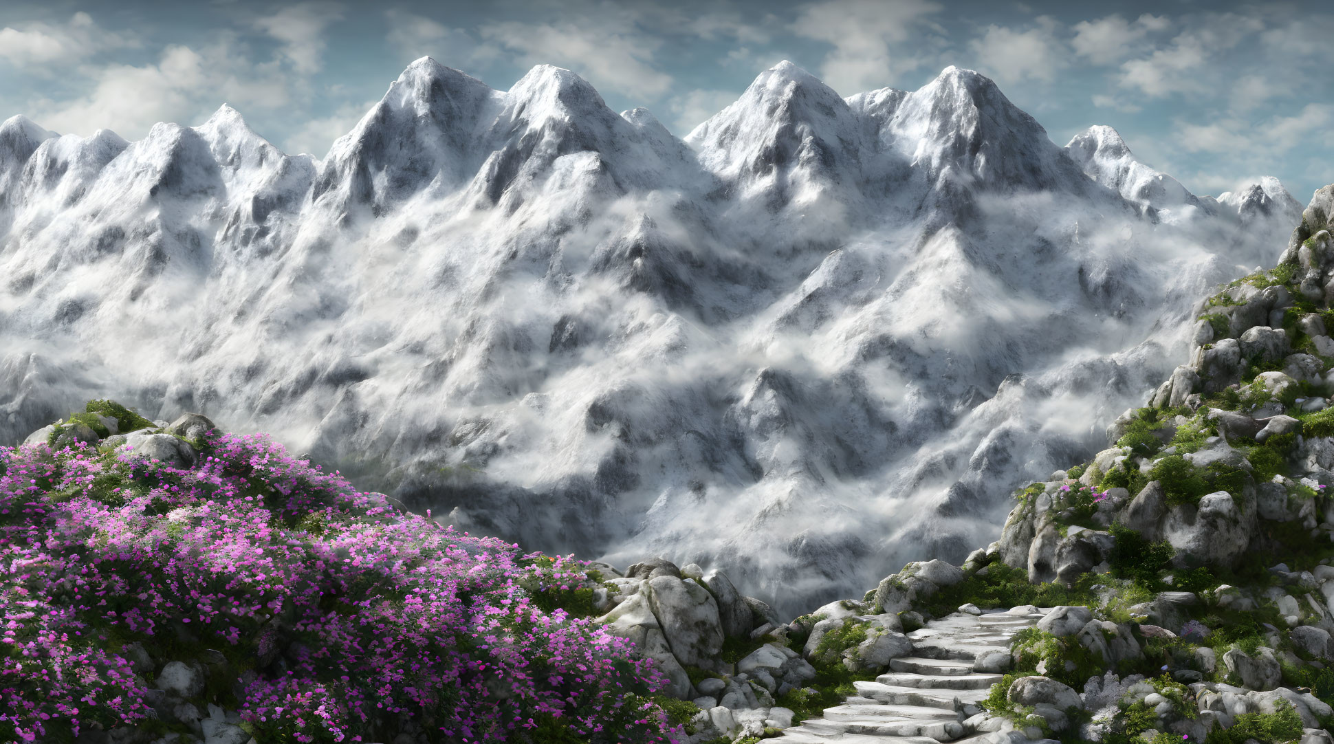 Snow-covered mountains with stone pathway and purple flowers