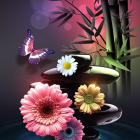 Colorful flowers in clear vase on purple and red gradient background