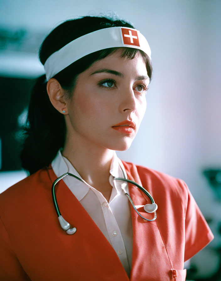 Nurse in uniform with red cross headband and stethoscope