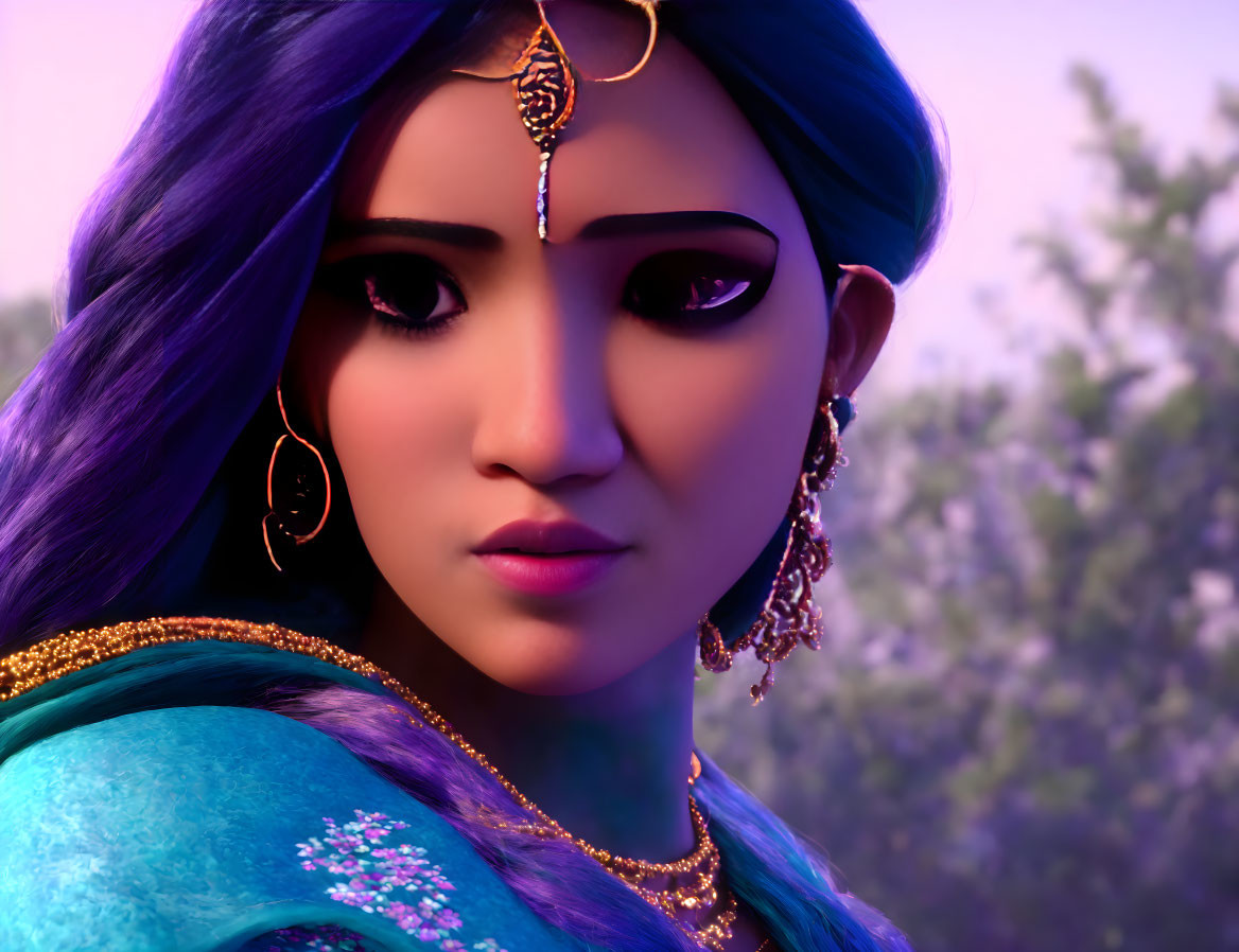 3D animated female character with purple hair and golden jewelry in blue outfit