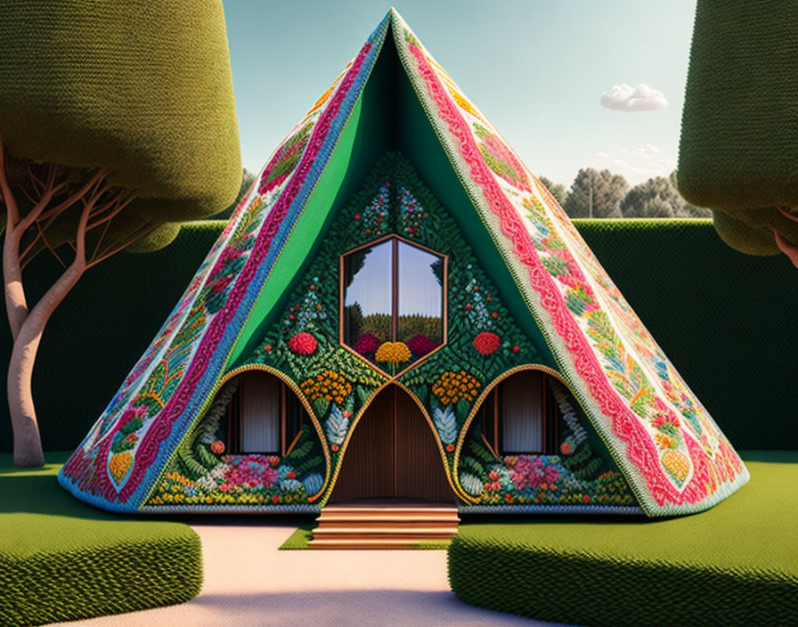 Colorful whimsical house with pointed roof and floral patterns under blue sky