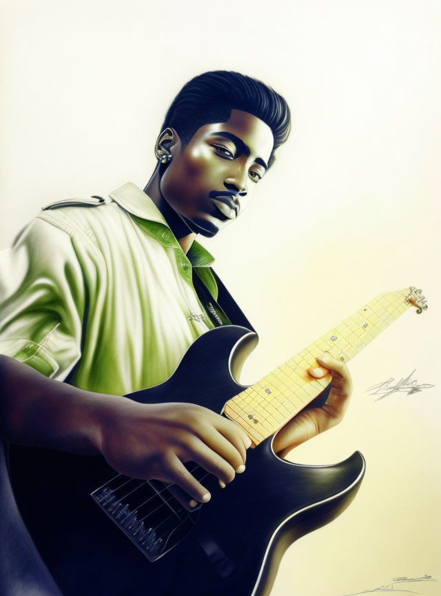 Stylish person with afro hairstyle playing electric guitar