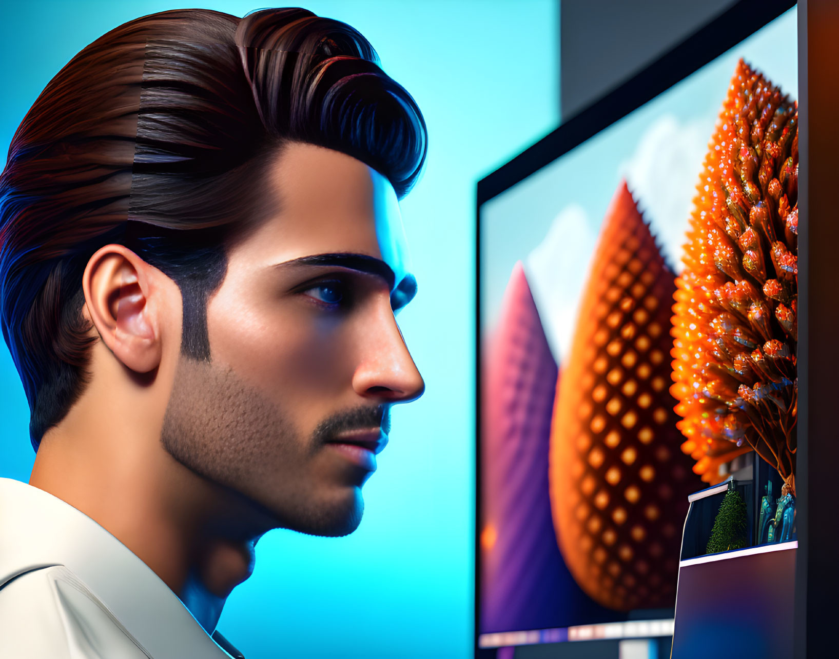 Digital illustration: Man with slicked-back hair, orange tree on computer monitor, blue backdrop