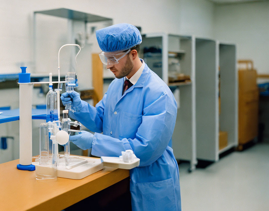 Scientist in lab coat conducting experiment with glassware