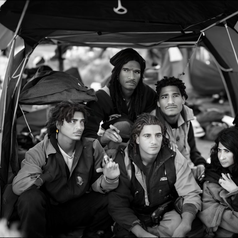 Serious young adults in casual outdoor attire under tent gesturing.