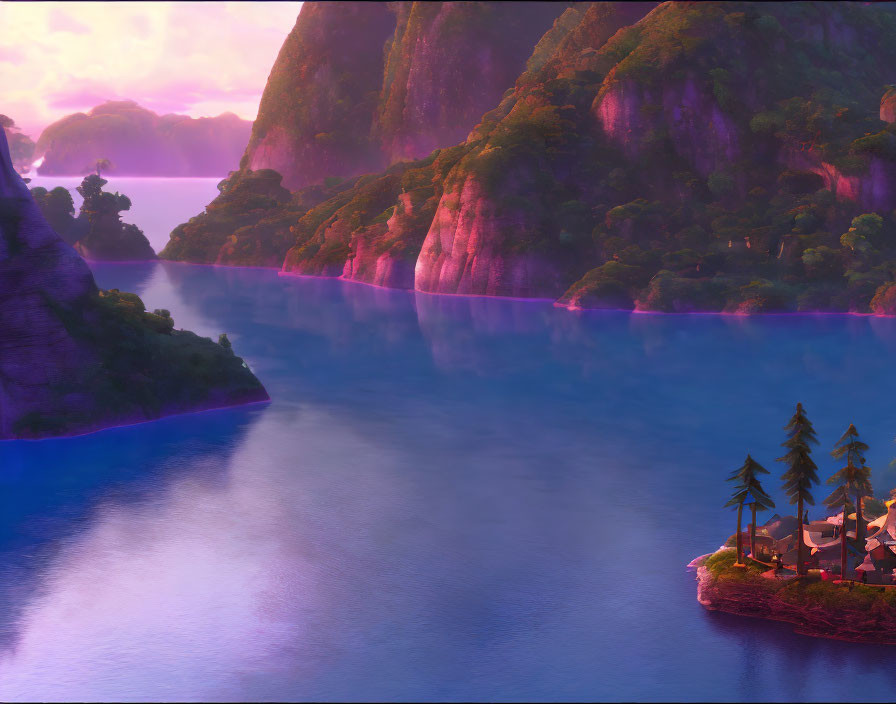 Tranquil animated landscape: Serene river, lush cliffs, small settlement at twilight