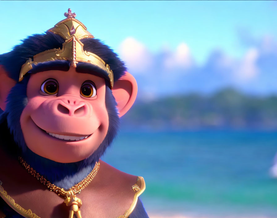 Animated gorilla in golden crown and armor on beach background