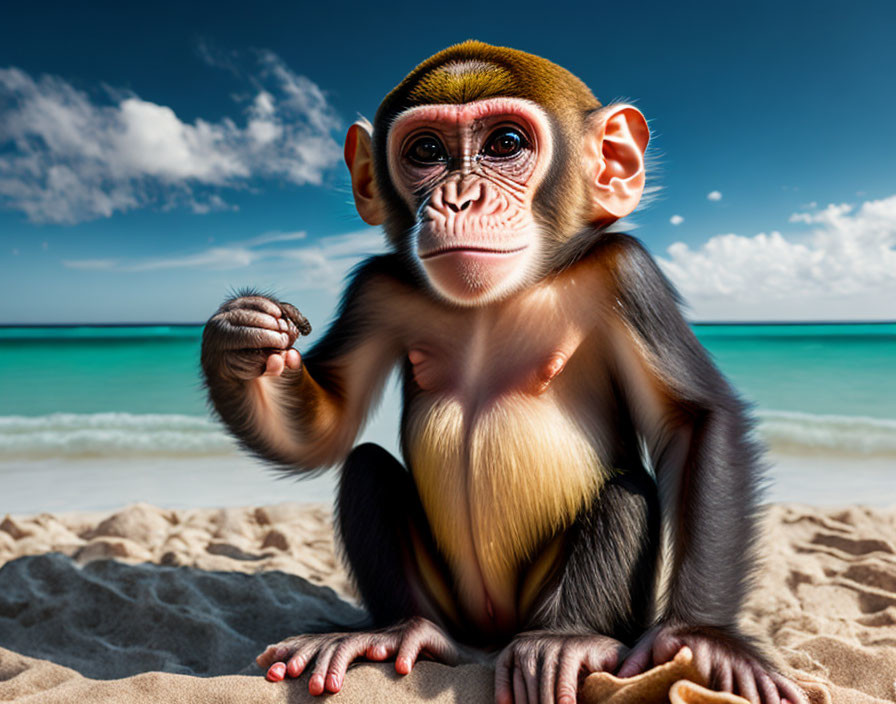 Curious young monkey on sandy beach with blue skies and turquoise waters