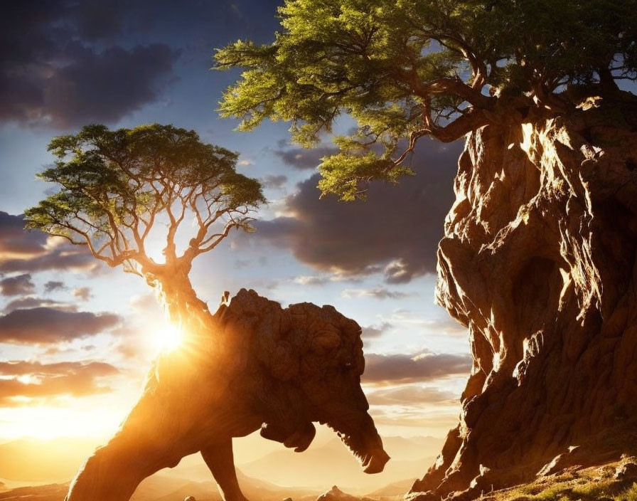 Savannah landscape with elephant-shaped rock and tree at sunset