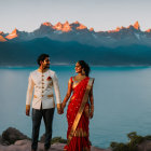 Formal couple holding hands by serene water and mountain peaks at sunset