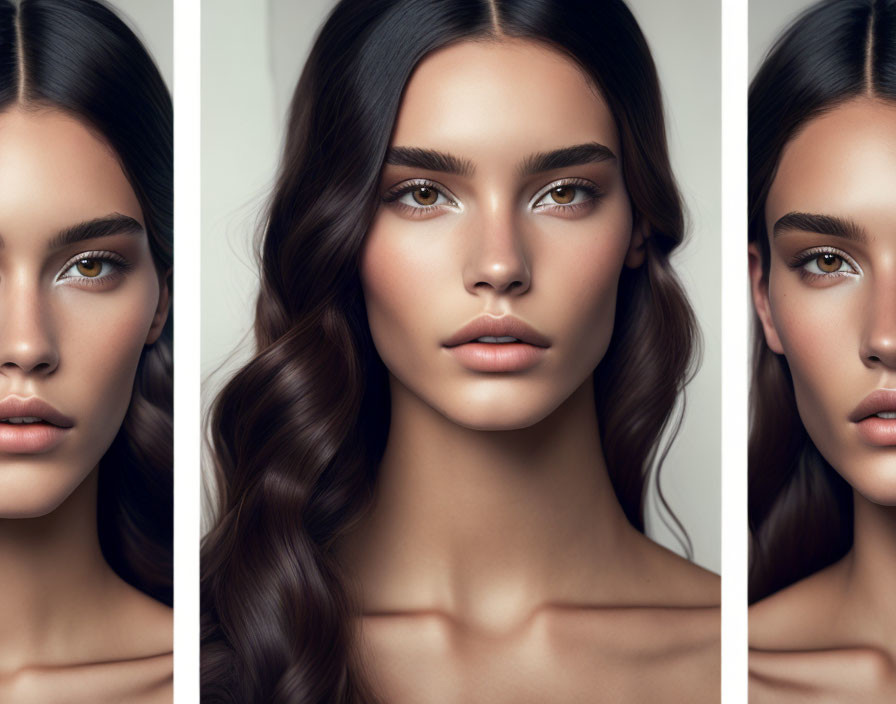 Triptych of Woman with Long Brown Hair and Striking Eyes