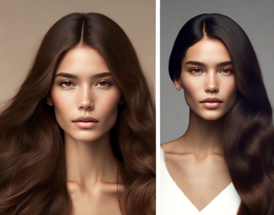 Split image of woman with long wavy brown hair on brown and white backgrounds wearing white top