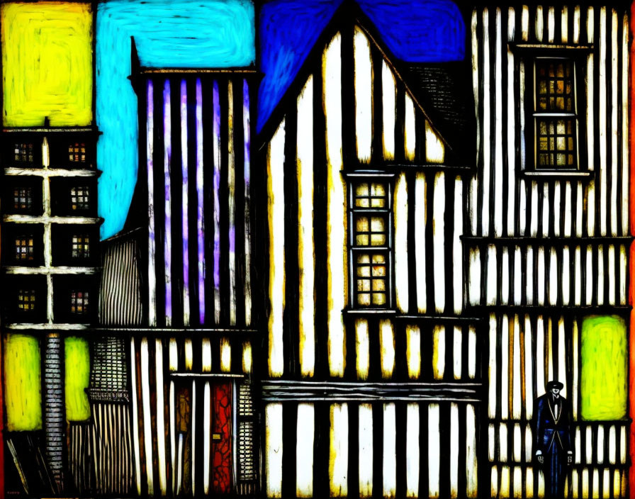 Colorful painting of Tudor-style houses with lone figure.