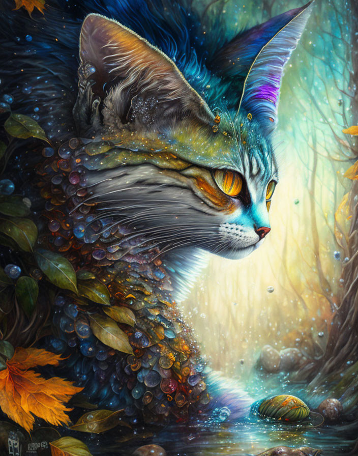 Multicolored fur cat in ethereal forest digital painting