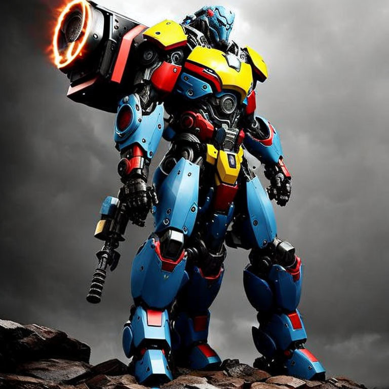 Blue and Yellow Mech Suit with Flame-Emitting Gun in Stormy Sky