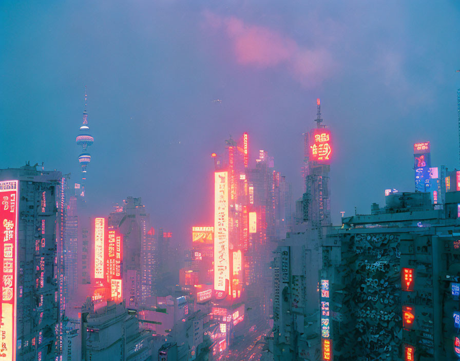 Vibrant cityscape with neon lights and skyscrapers at dusk