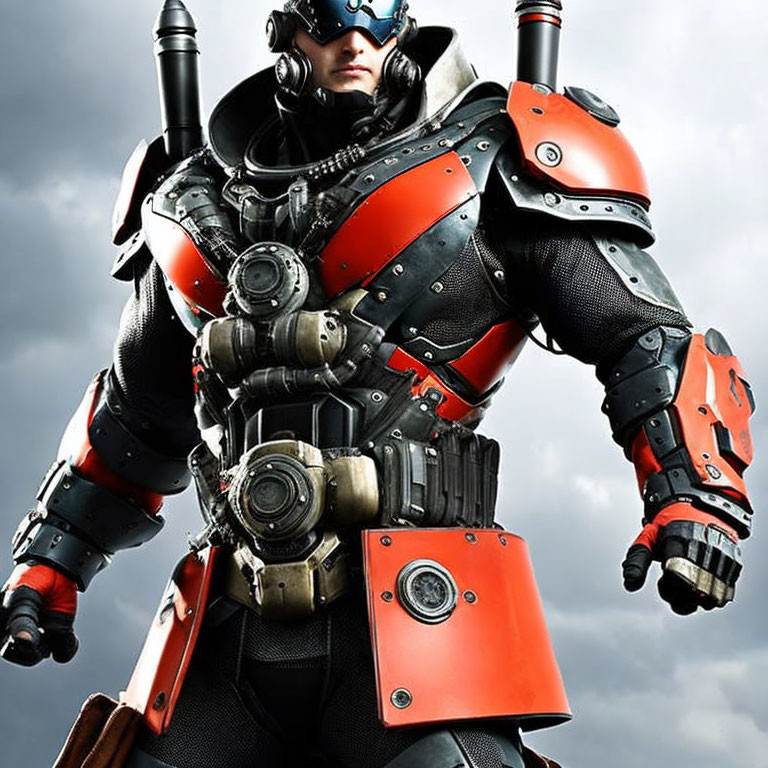 Red and Black Armored Character with Mechanical Enhancements on Cloudy Sky Background