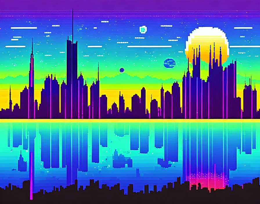 Pixel Art Cityscape with Neon Sunset Reflection