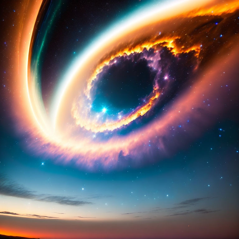 Swirling Galaxy with Orange and Blue Rings in Starry Sky