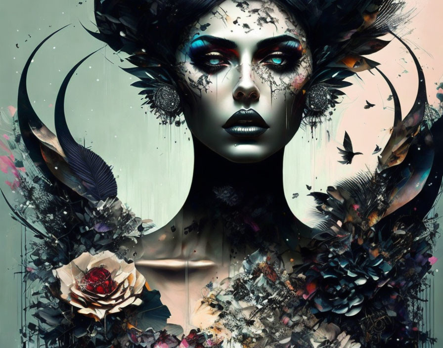 Fantasy-themed digital art of woman with dark makeup and floral, feather, and paint elements