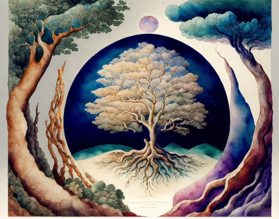 Surreal painting: Majestic tree, twisted trees, cosmic sky, pink moon