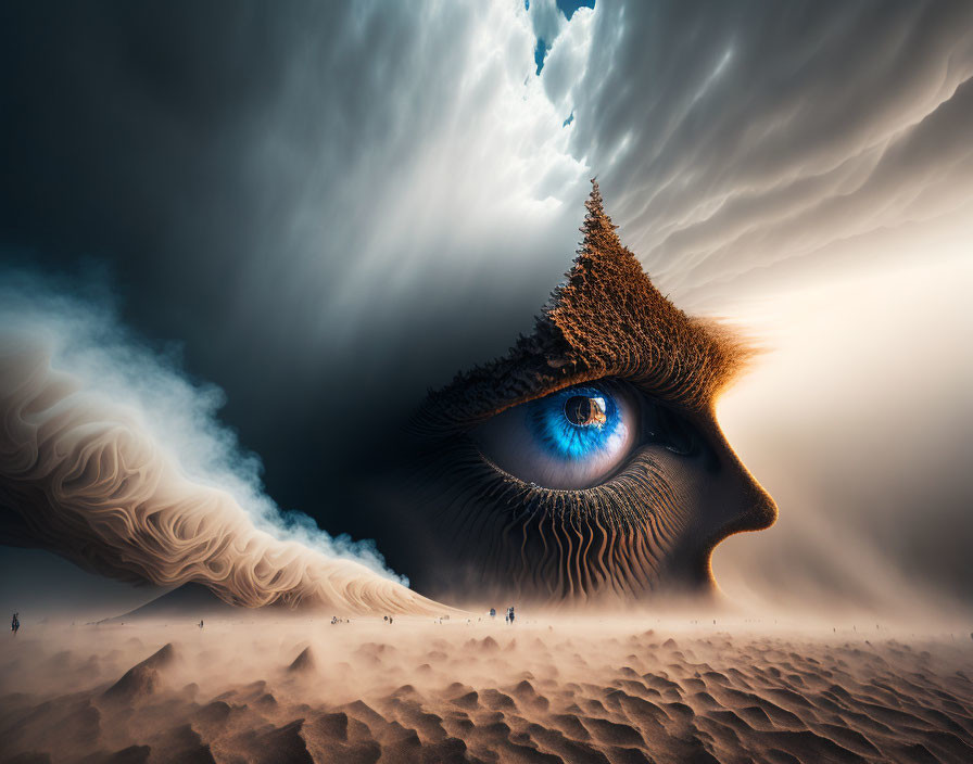 Surreal desert landscape with giant eye as sky