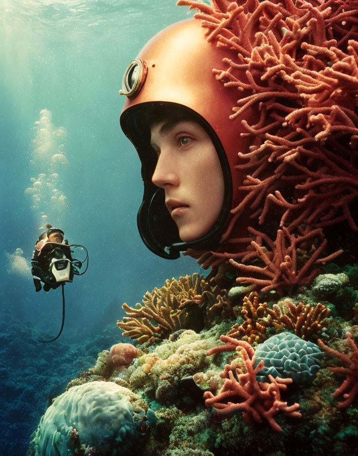 Vintage helmet diver closely observes coral with another diver and bubbles in background