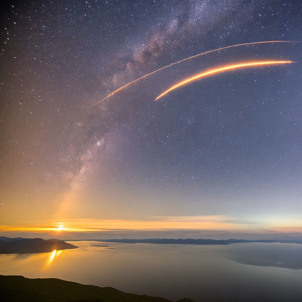 Starry night sky with Milky Way, sunset glow, and satellite arc captured in long exposure