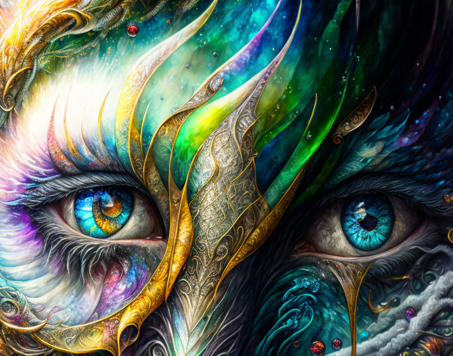 Intricate digital painting: Intense blue eyes with colorful fantasy motifs