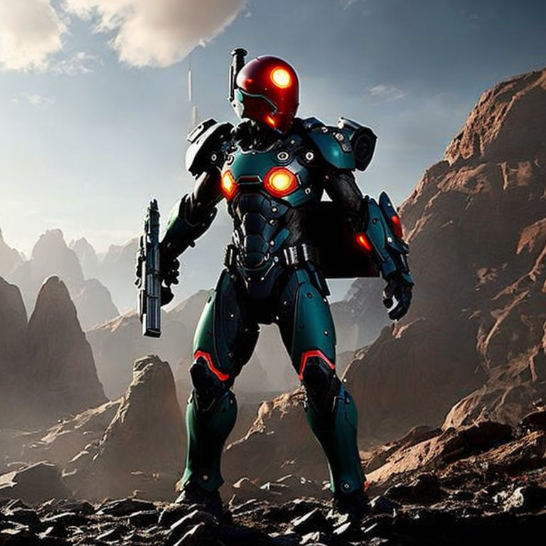 Futuristic armored robot with red eyes on rocky terrain