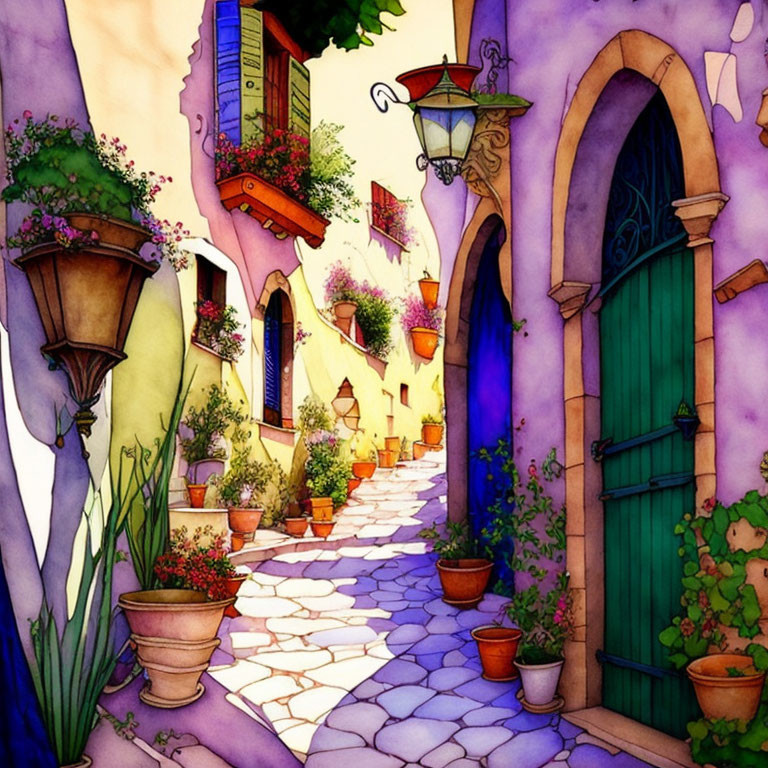 Vibrant illustration of cobblestone alley with potted plants