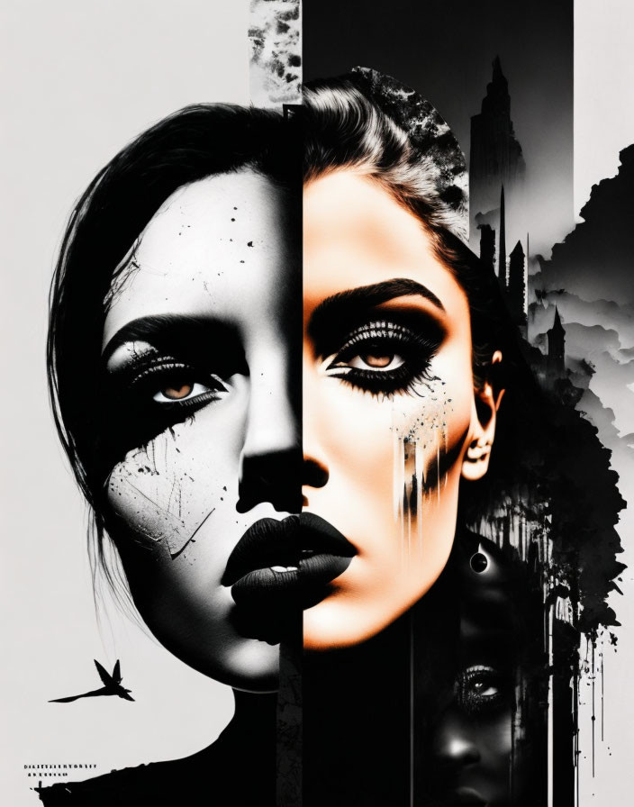 Monochromatic urban portrait with splatter effects and woman's face