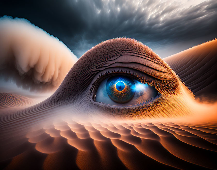 Surreal image: human eye close-up with desert dunes & dramatic clouds