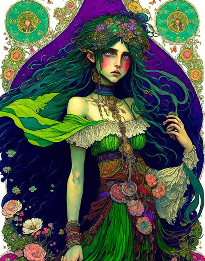 Vibrant woman with green hair and floral attire illustration